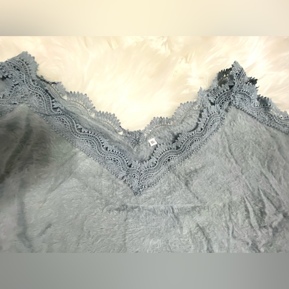 Light Blue Lace Trim V-neck Sweater, Size XL - Picture 3 of 5